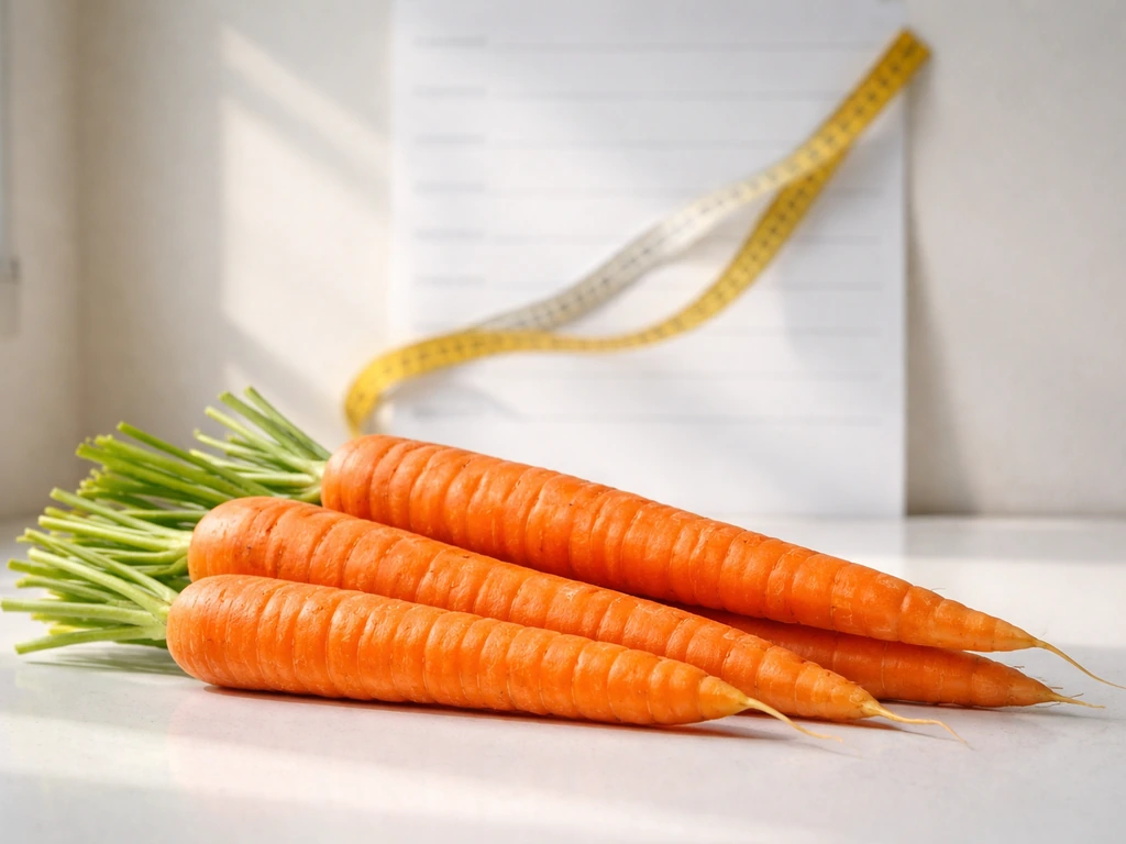 Fresh carrots beside a measuring tape placed over a simple height chart background