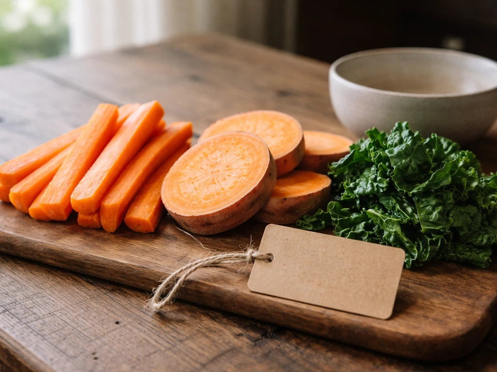 Carrot sticks, sweet potato, and leafy greens on a wooden table under natural light.