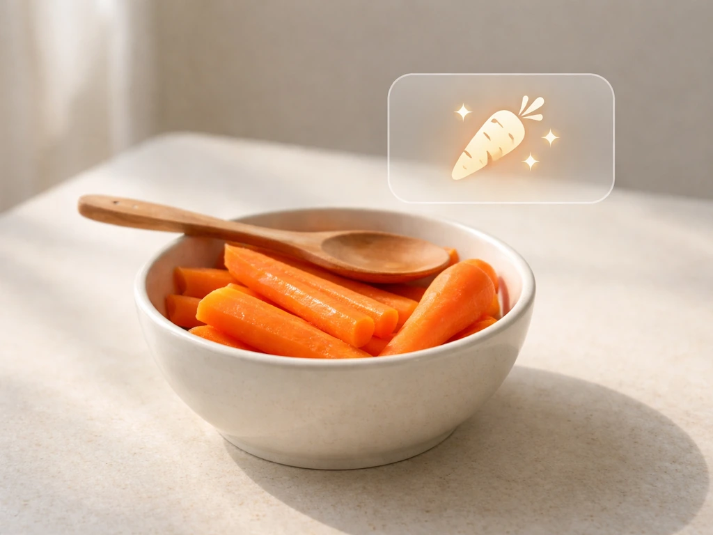 Carrots in a bowl with a spoon beside them, with a subtle vitamin A/RAE-style callout overlay