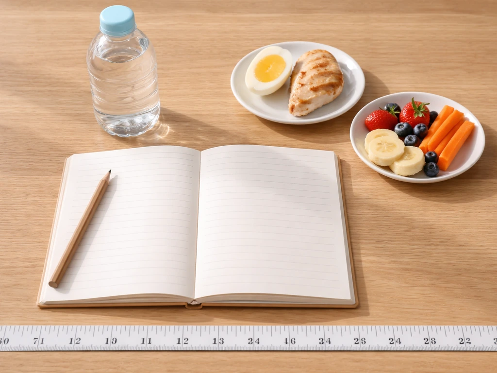 Minimal flat-lay of sleep notebook, protein foods, fruits/vegetables, water bottle, and a height tape.