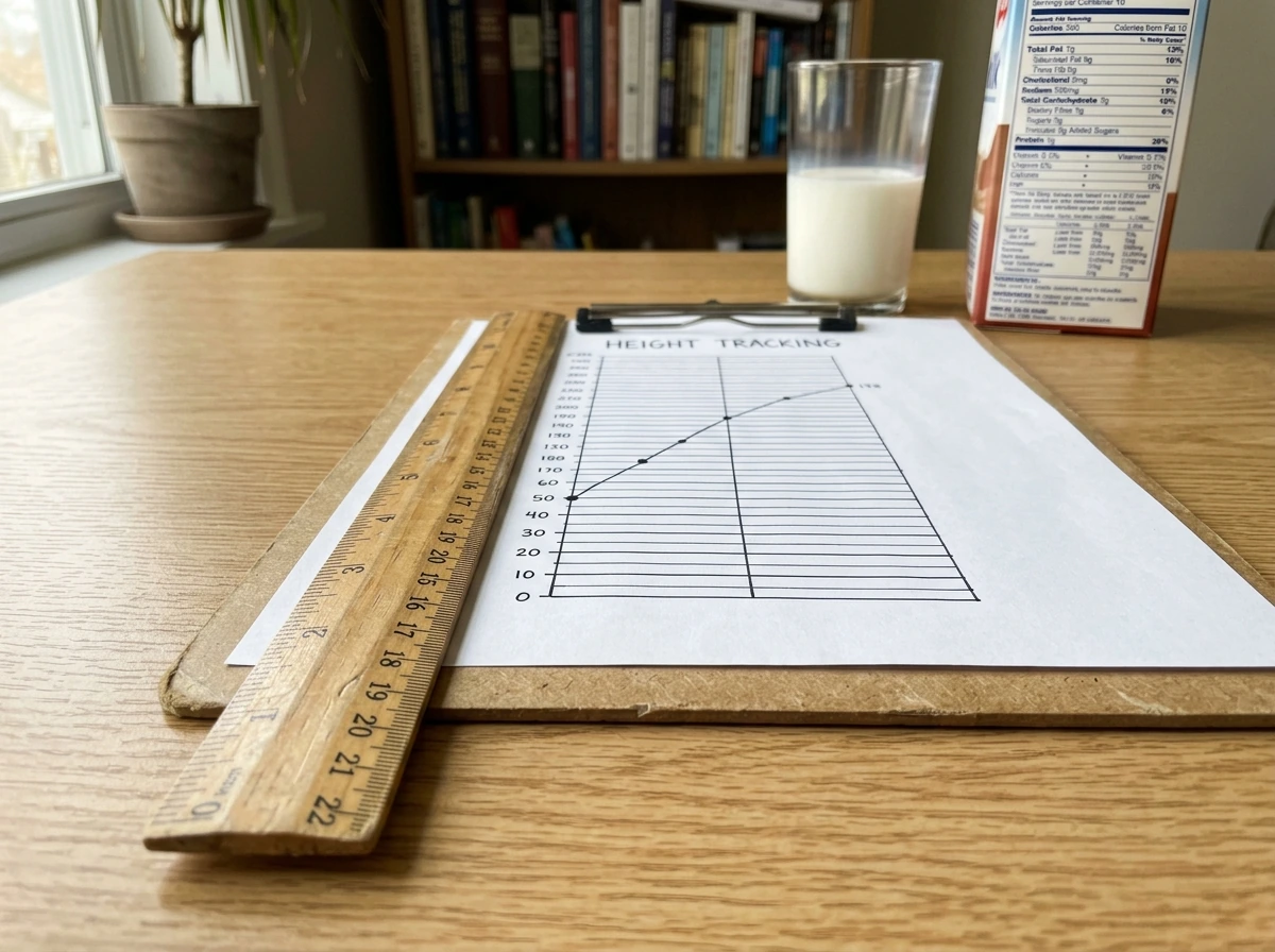 Height chart with growth timeline and a nutrition label backdrop
