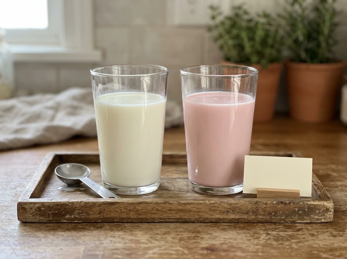 Side-by-side glasses of plain and strawberry milk with measuring cup