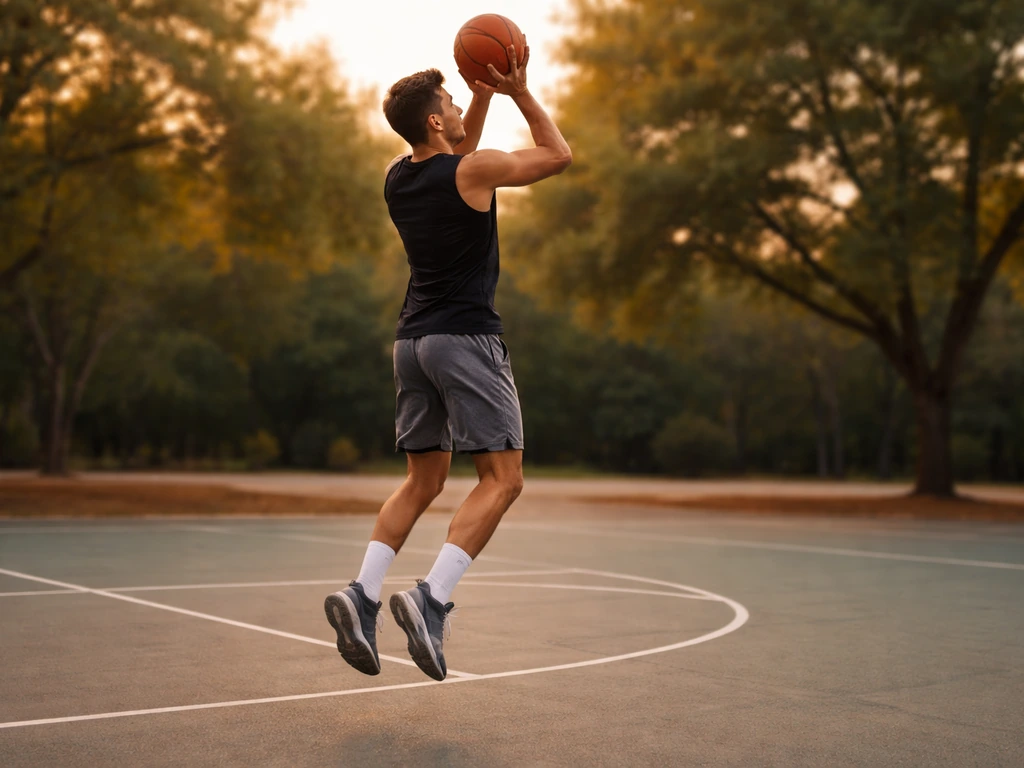 Athletic person doing a basketball jump shot on an outdoor court, showing vertical loading for posture