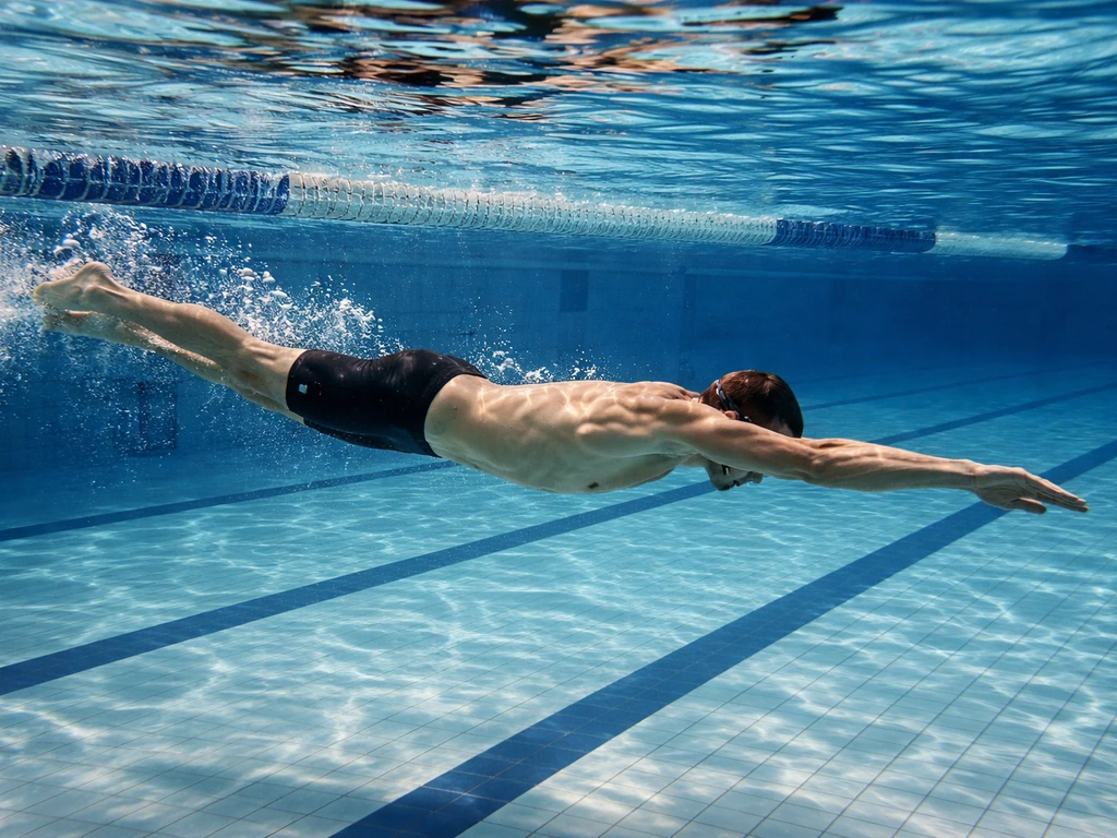 Swimmer captured mid-stroke in a pool, body streamlined with arms extended for full extension