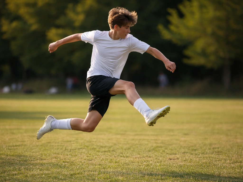 Teen soccer player making a jump during a quick play on an outdoor field