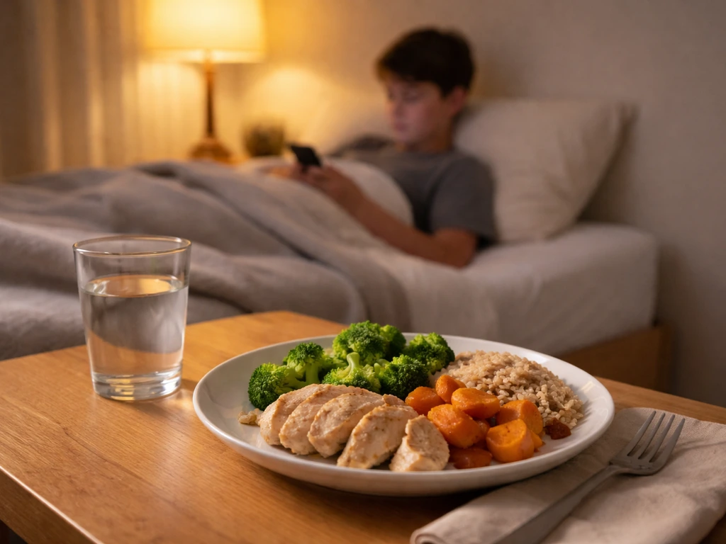 Healthy dinner plate with water and a teen relaxing at bedtime in a calm bedroom