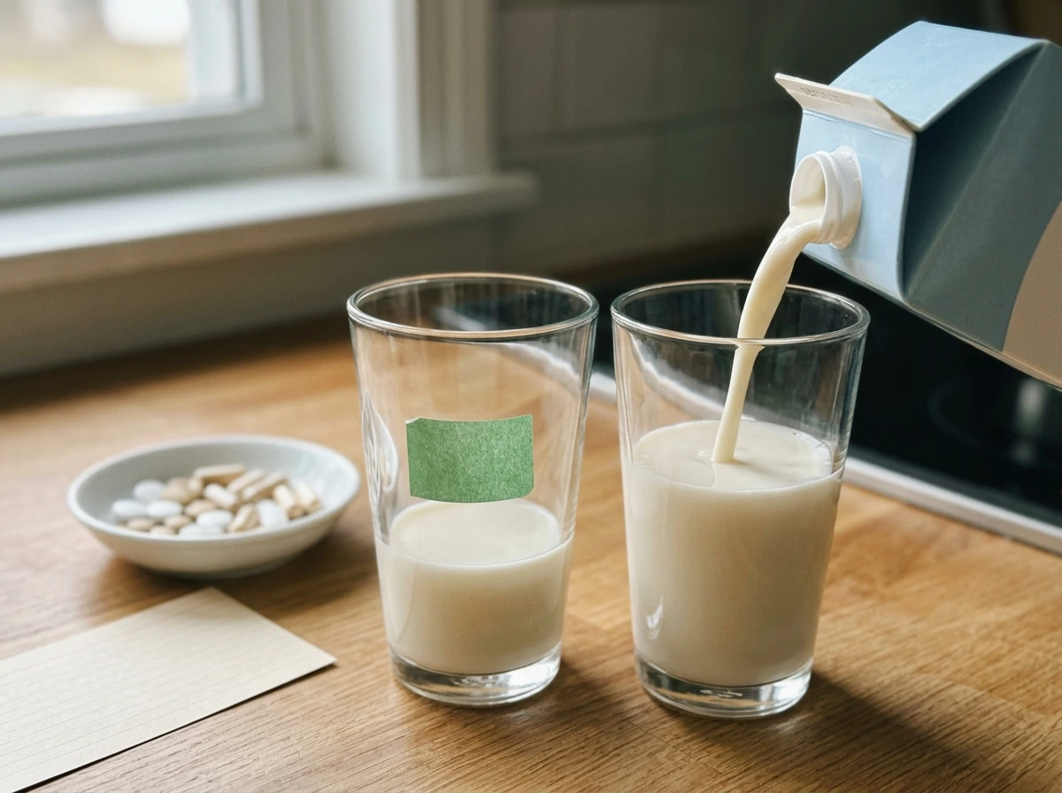 Pouring fortified soy milk into a glass for calcium and vitamin D support