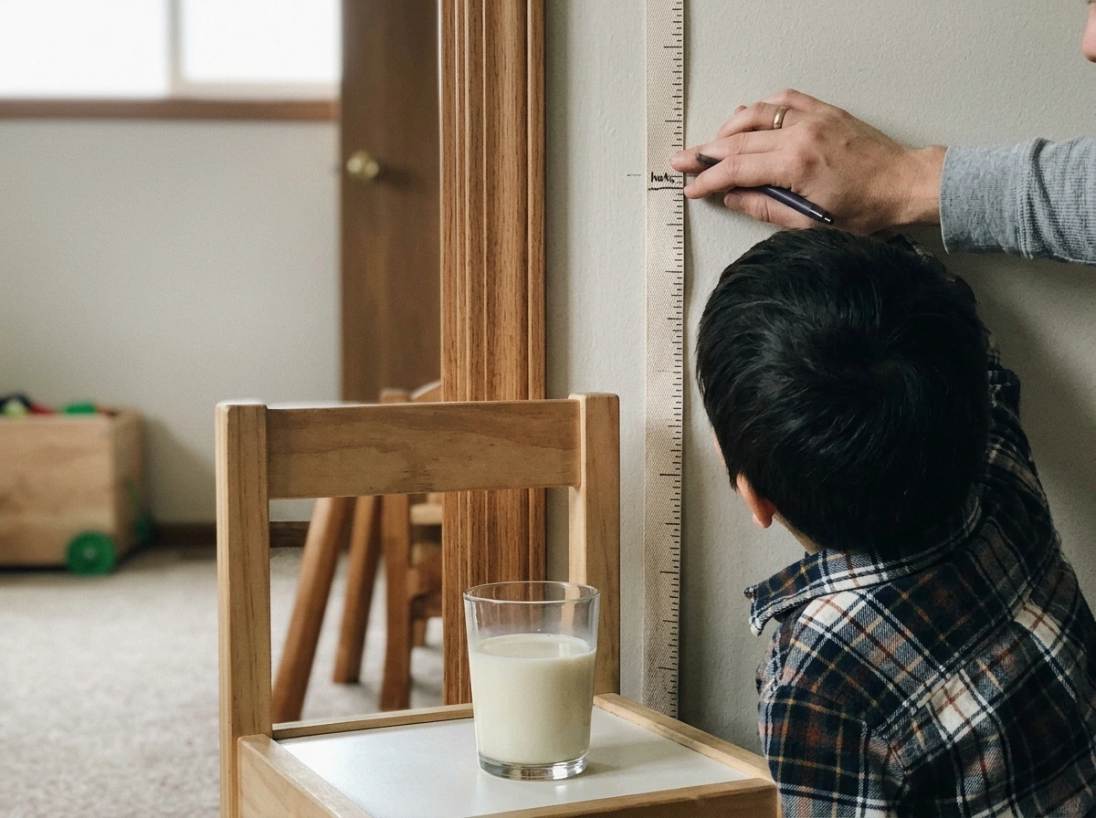 Measuring height on a wall while soy milk sits nearby