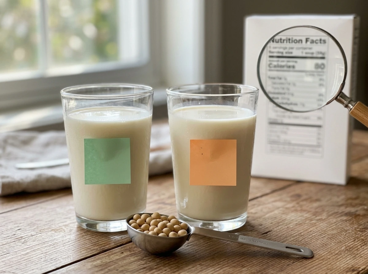 Side-by-side view of fortified vs unfortified soy milk check