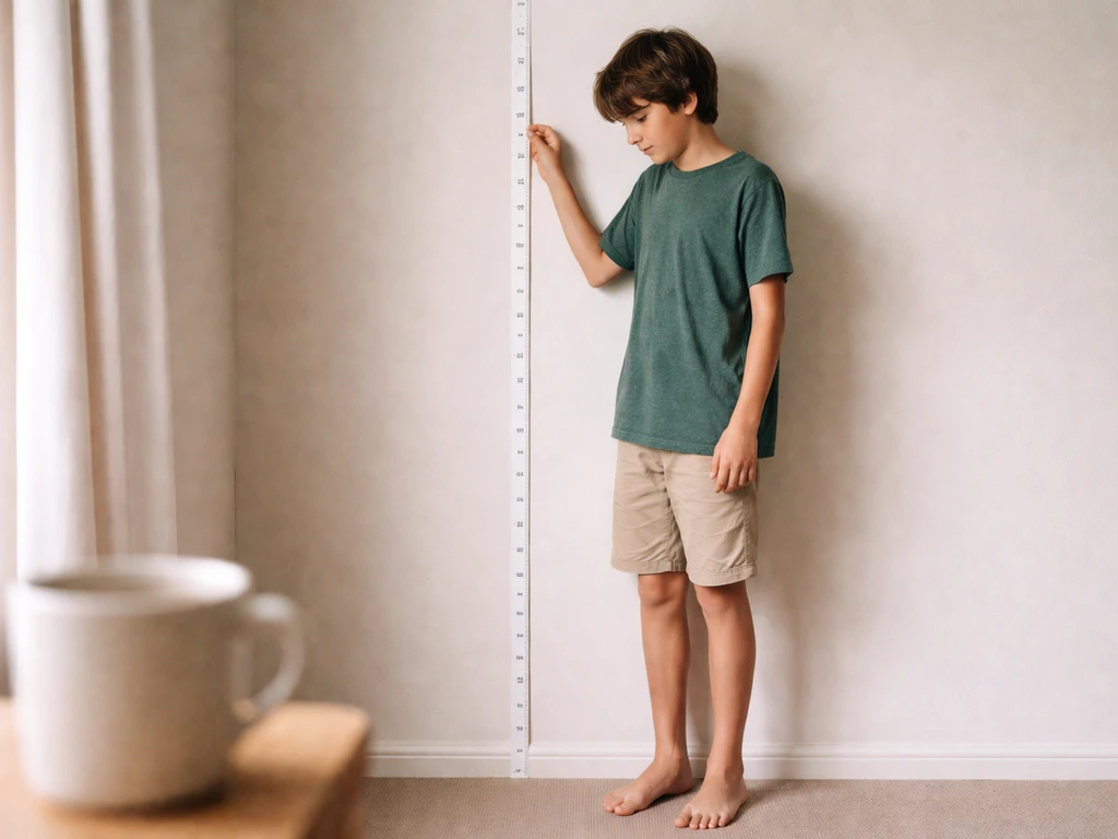Teen measuring height with a wall height tape while a blurred coffee cup sits nearby.