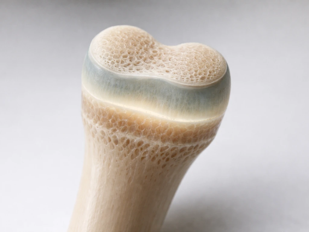 Close-up of long-bone ends showing layered growth plates and cartilage zones in a clean medical 3D model.