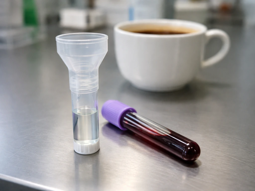 Close-up of saliva/blood collection tubes with a blurred coffee cup in the background