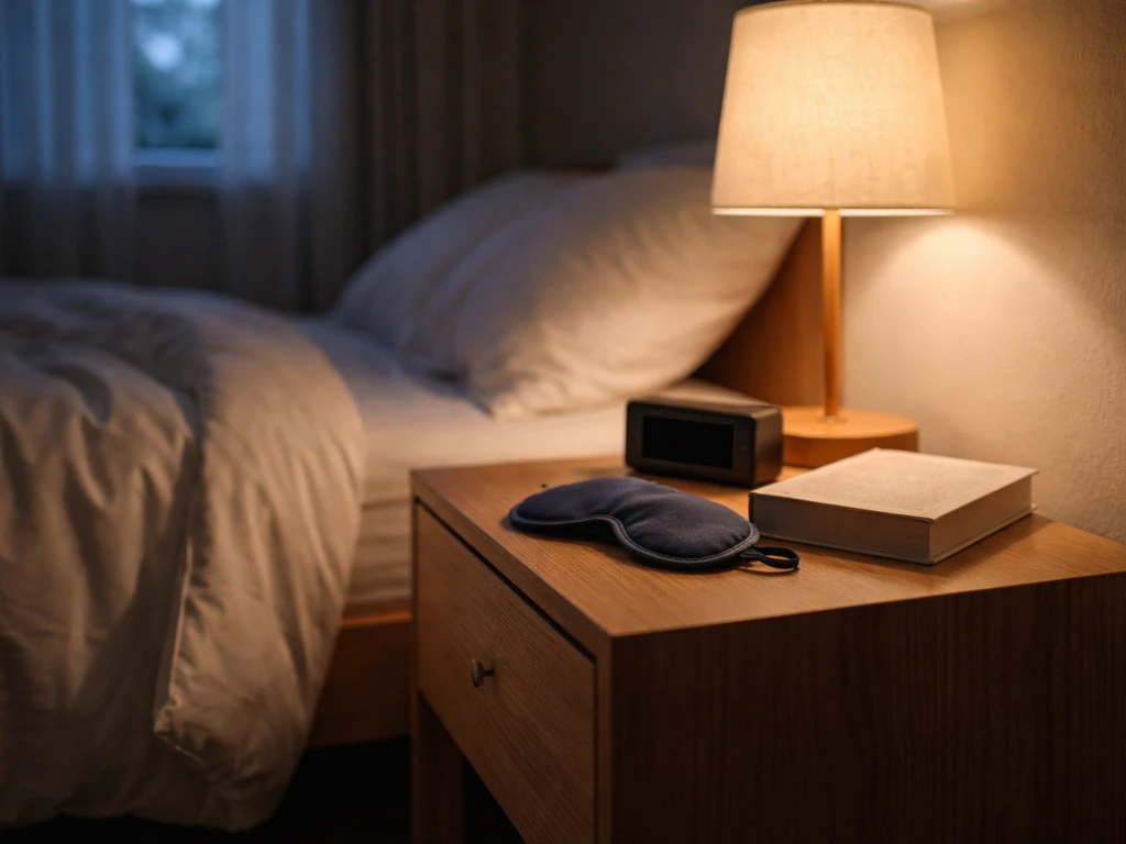Minimal bedroom nighttime routine: a bedside alarm clock, sleep mask, and bedtime book on a nightstand.