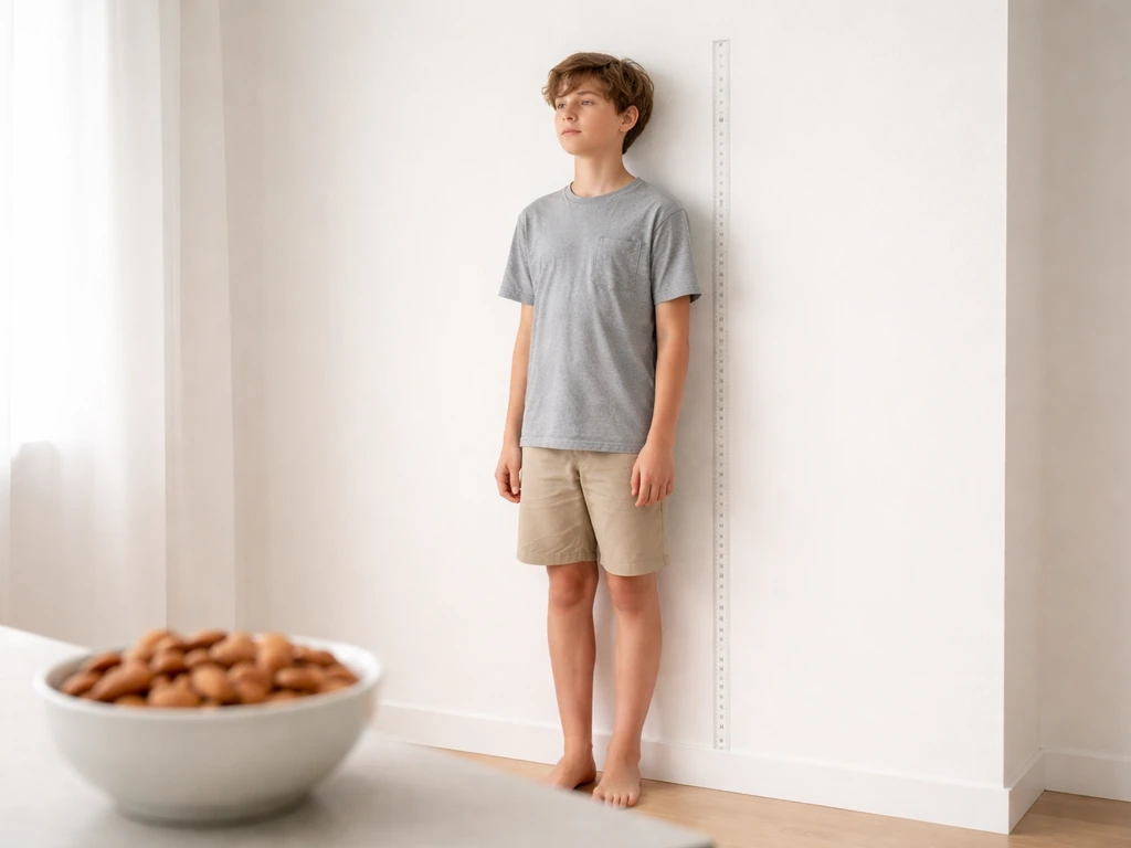 Teen standing near a height-measuring wall chart with a bowl of almonds in the foreground