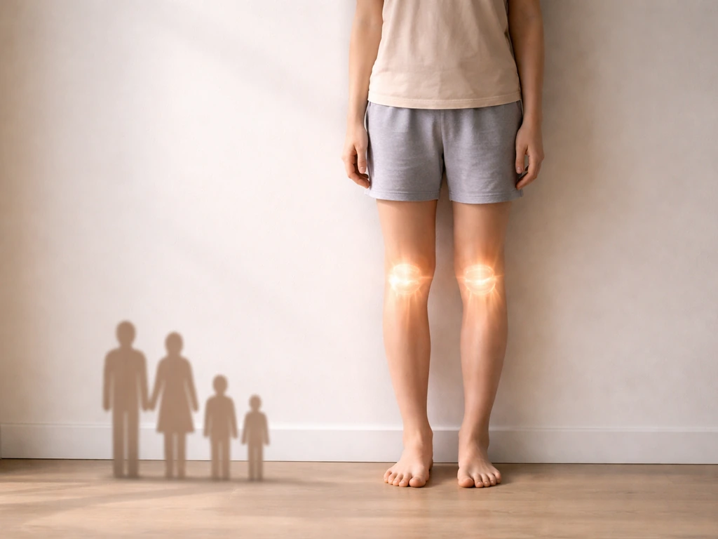 Person standing near subtle growth-plate highlights with blurred family height silhouettes beside them.