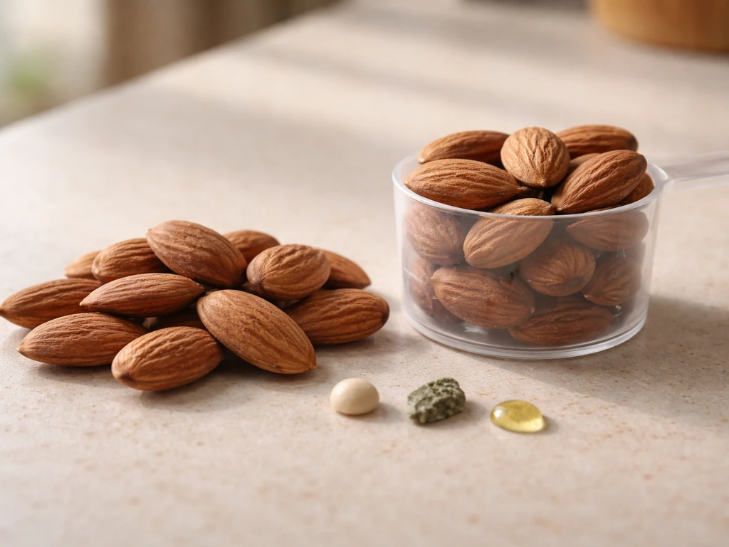 Whole almonds beside a glass measuring scoop filled to a one-ounce serving on a kitchen table.