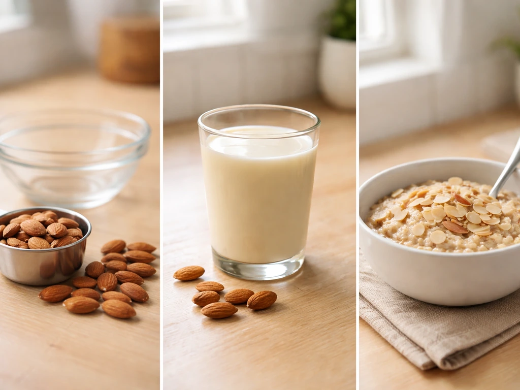 Three practical almond serving ideas: measured almonds, almond milk in a glass, and almonds on oatmeal.