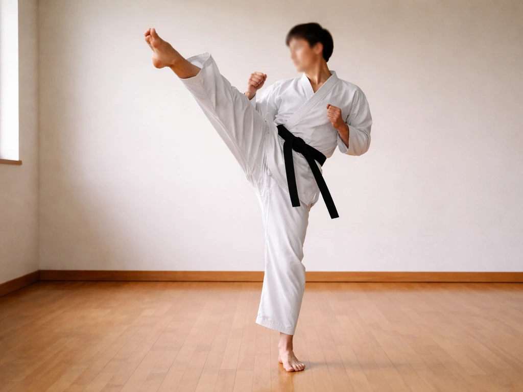 Karate trainee executing a high front kick in a quiet dojo, emphasizing upright posture
