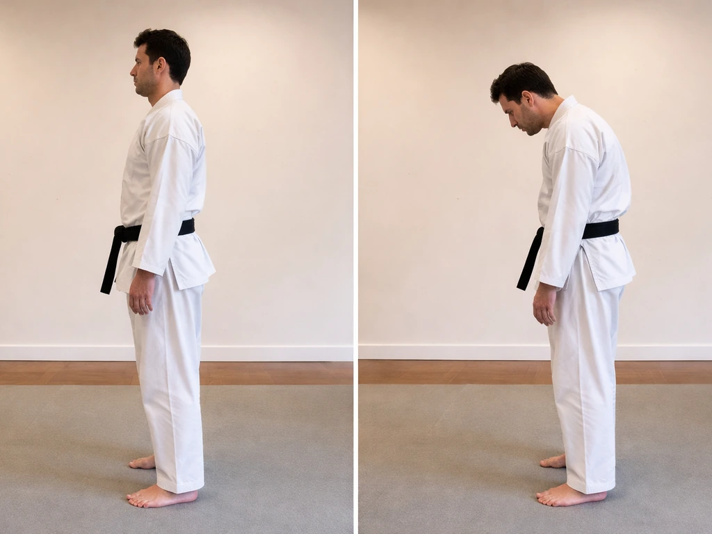 Two side-by-side figures showing upright karate posture with engaged core versus slouched posture.
