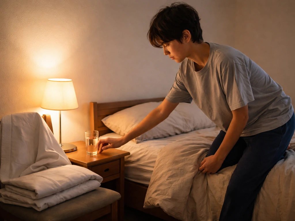 Teen adjusting bedtime essentials and karate uniform in a calm bedroom for better sleep and recovery