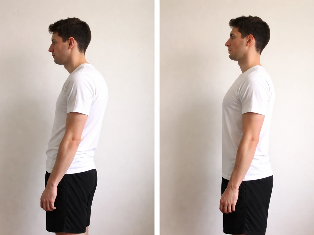 Two-panel view: rounded-shoulder posture slumped, then relaxed tall posture with open chest and aligned spine.