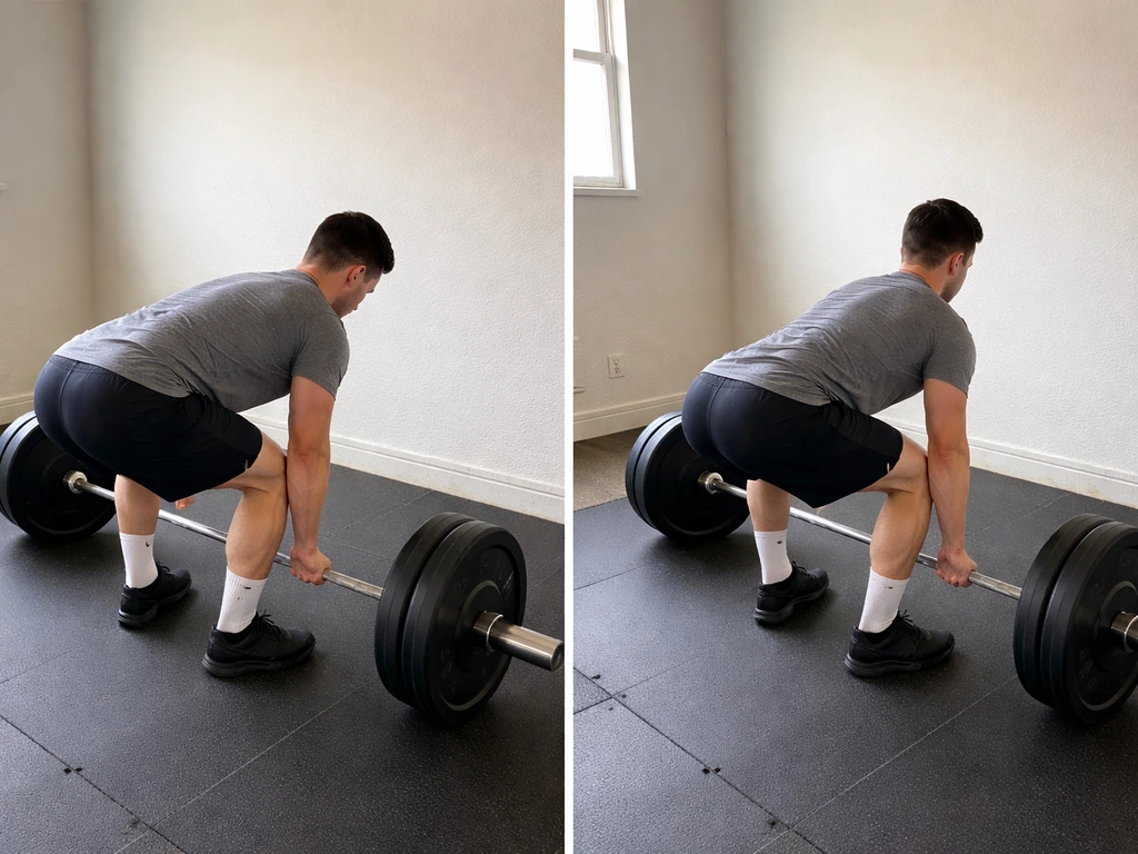 Split-view photo of incorrect vs correct deadlift form, neutral spine and bracing on the right.