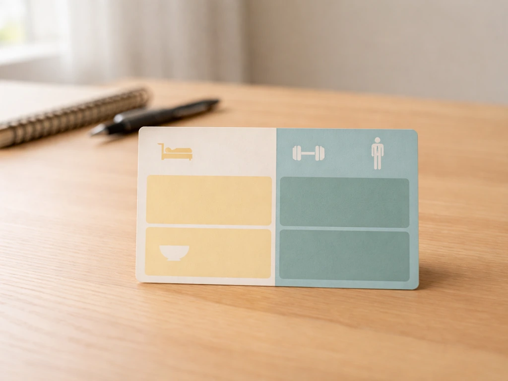 Minimal desk scene with an action-plan card split into two colored sections and blank icons.