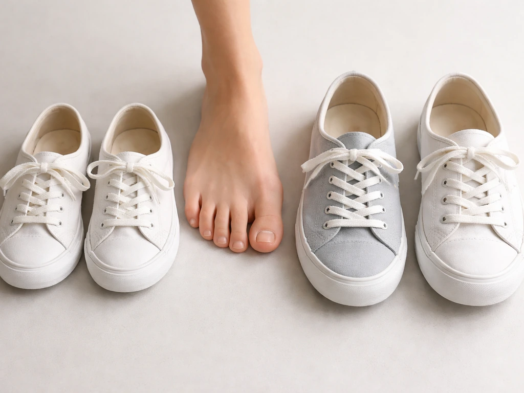 Bare foot beside small, medium, and large shoes showing extra toe room without changing foot size.