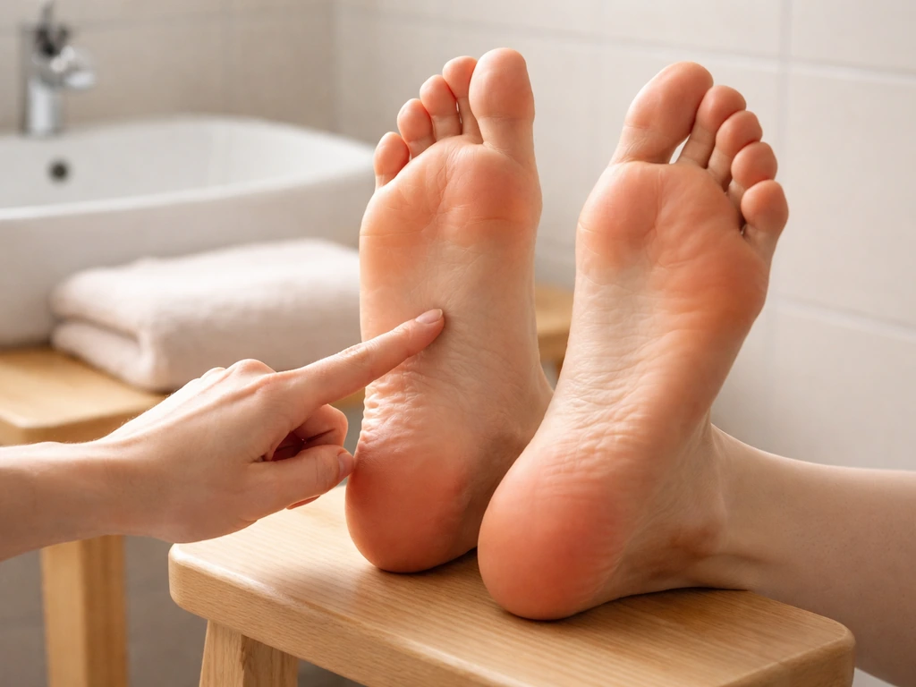 Close-up of a person’s bare feet on a simple chair, with a focused look at the forefoot and heel pain area.