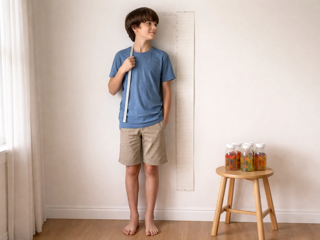 Teen with a height-measuring tape beside gummy vitamin bottles and a simple height-growth chart