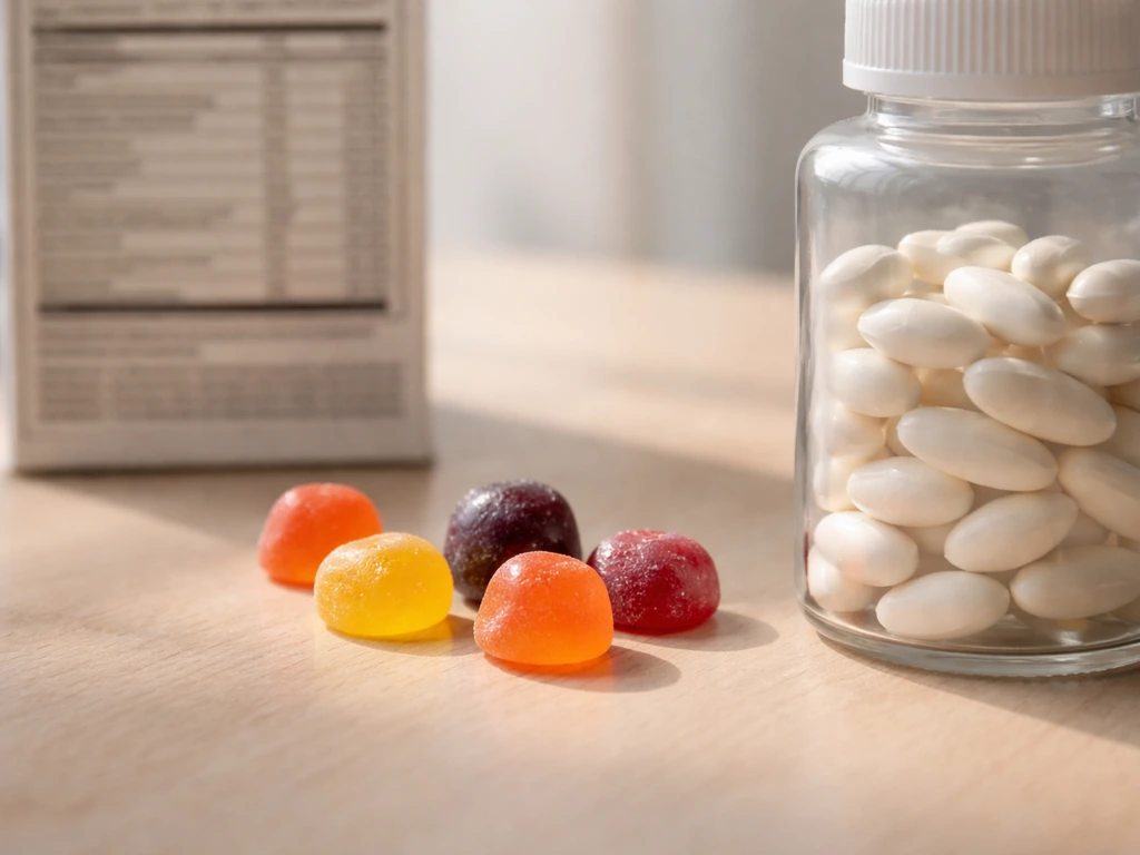 Close-up of gummy vitamins next to a nutrition label and a bottle of plain pills in natural light.