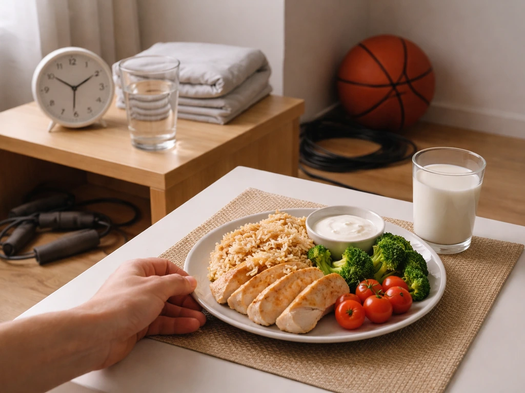 Minimal nightstand and dinner scene with clock, jump rope, basketball, and a balanced protein-and-dairy plate.