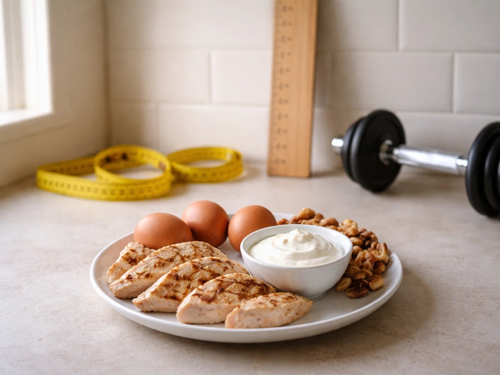 Measuring tape beside height ruler with a plate of protein foods and a dumbbell on a countertop.