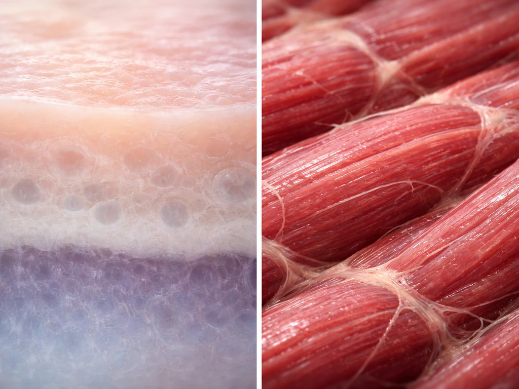 Split close-up showing a growth plate on one side and muscle fibers on the other