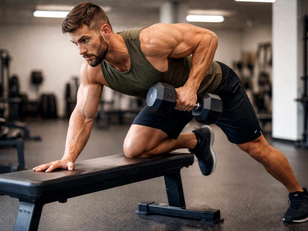 Person performing a controlled dumbbell row in a quiet gym with visible effort.
