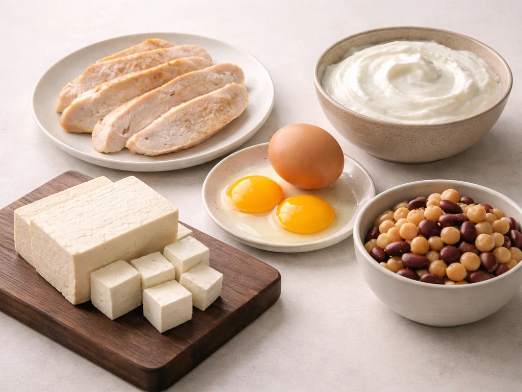 Close-up of chicken, eggs, Greek yogurt, beans, and tofu arranged neatly for protein foods.