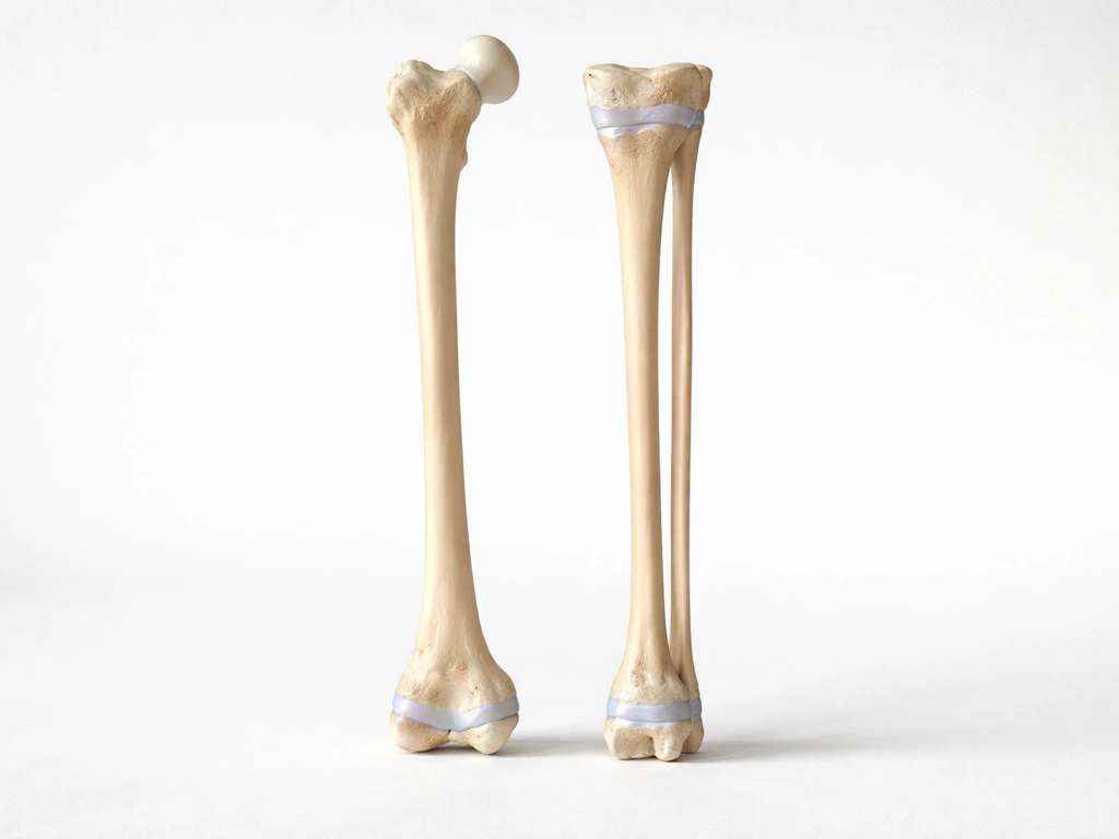 Minimal illustration of femur and tibia with highlighted growth plate cartilage at the bone ends.