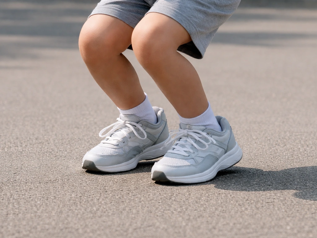 Close-up of a child landing softly with bent knees, showing controlled, safe jump mechanics