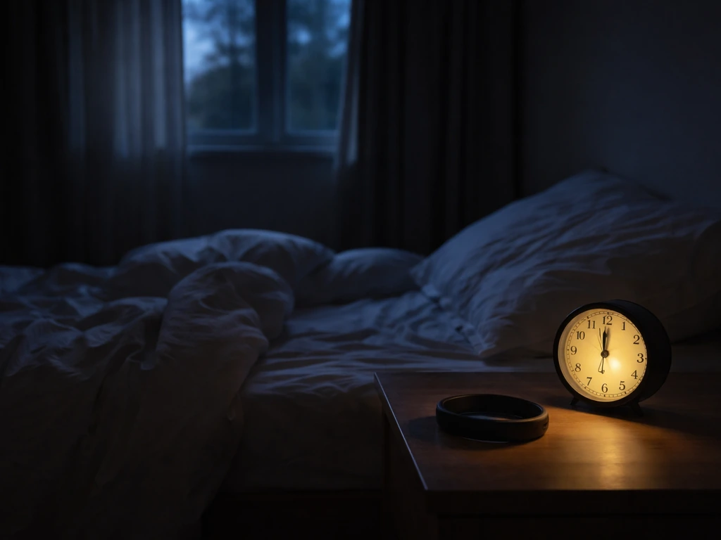Nighttime bedroom with a softly lit alarm clock and a wearable on the bedside table, no people.