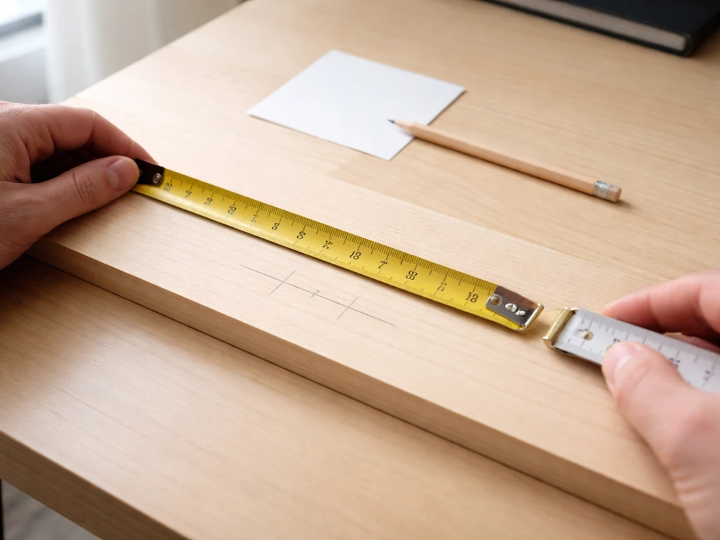 Person’s hands placing two measuring tapes on a desk, midpoint math implied with a simple pencil line.