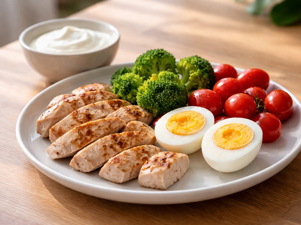 Balanced plate with lean protein, eggs, yogurt, and vegetables on a kitchen table.