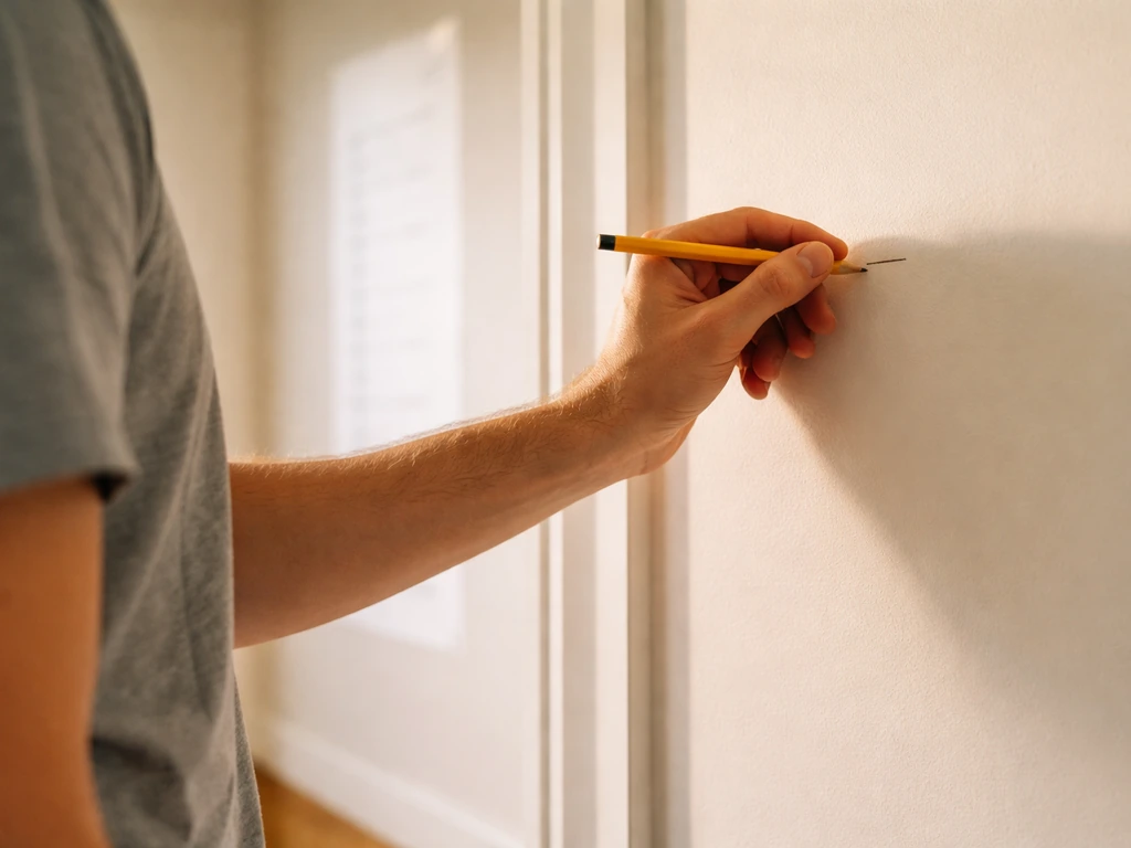 Person measuring height in the morning with a pencil against a wall, height chart blurred in background