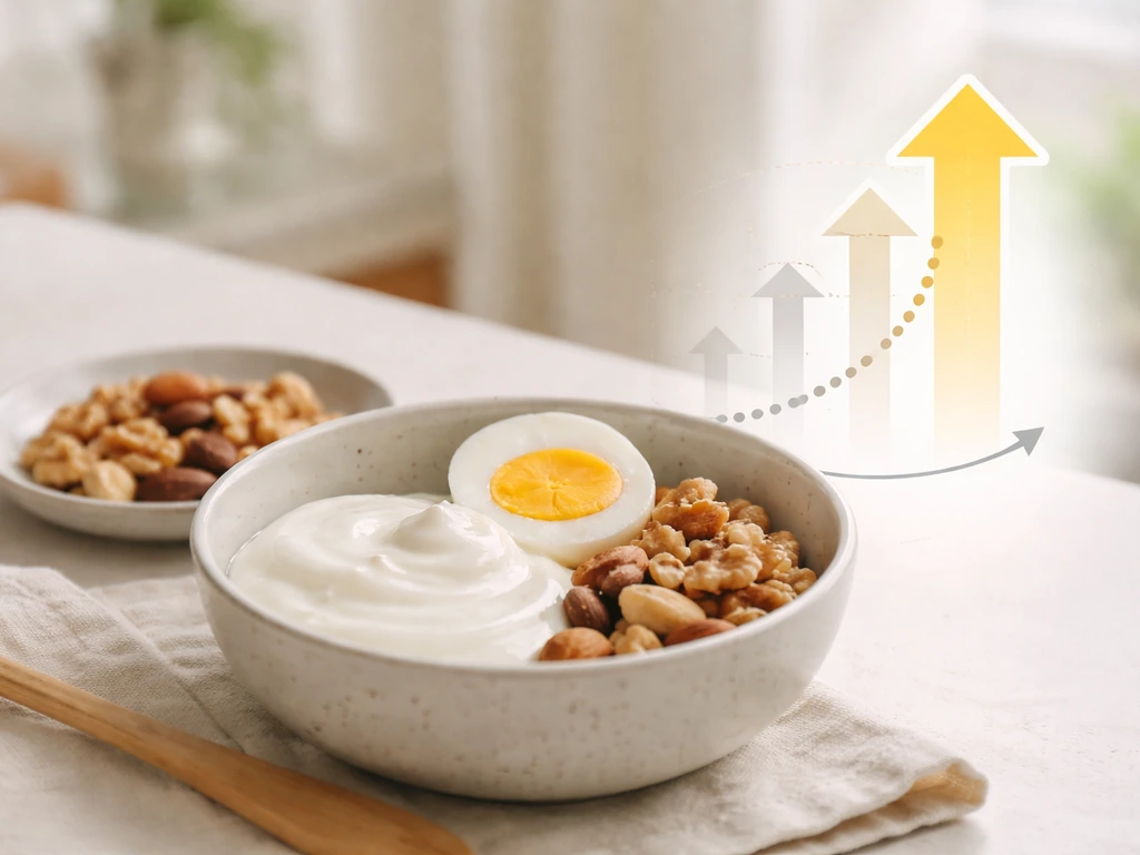 Minimal protein meal bowl with a subtle graphical arrow overlay suggesting IGF-1 sensitivity to protein.