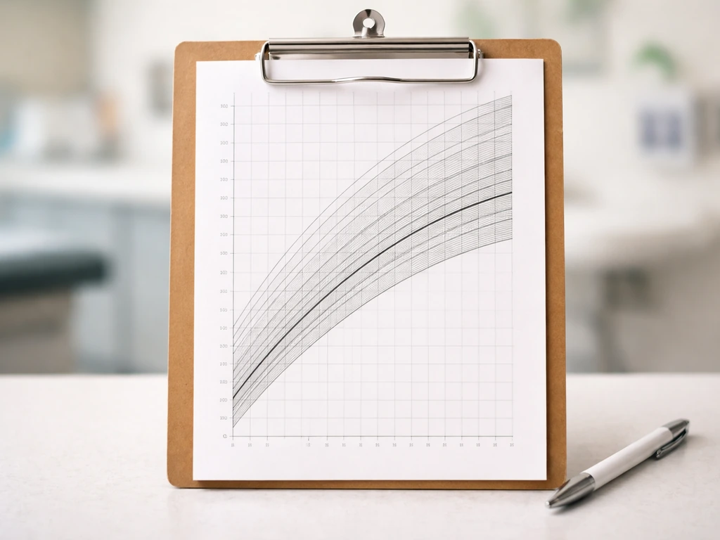 Close-up of a growth chart page with percentile bands and a height trend line on an exam-room desk.