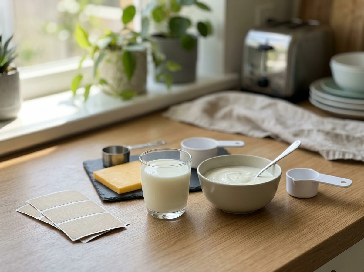 Portion tools and dairy items (milk, yogurt, cheese) illustrating how dairy supports growth nutrients.