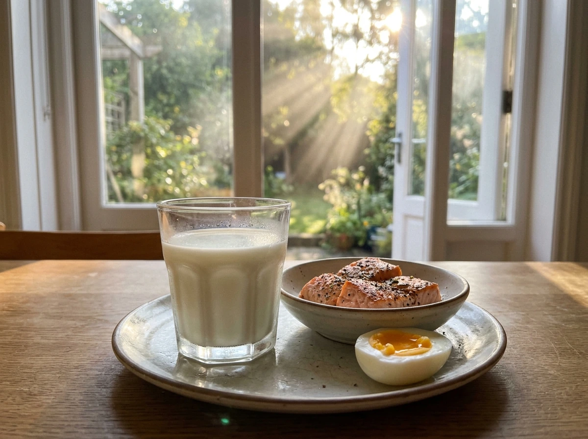 Milk with vitamin D foods under bright sunlight to show how vitamin D supports calcium use.