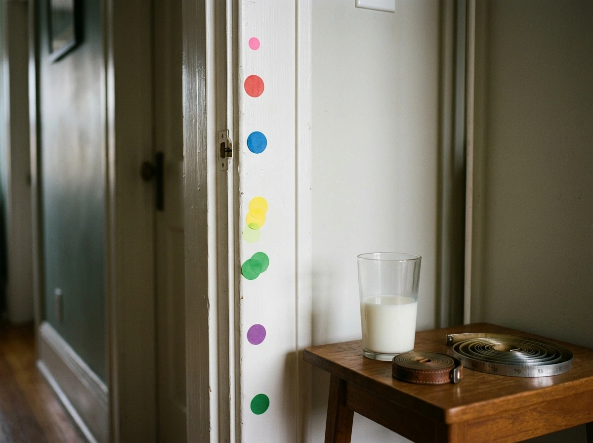 Doorframe height marks with two measuring tapes and milk to depict age-based growth limits.