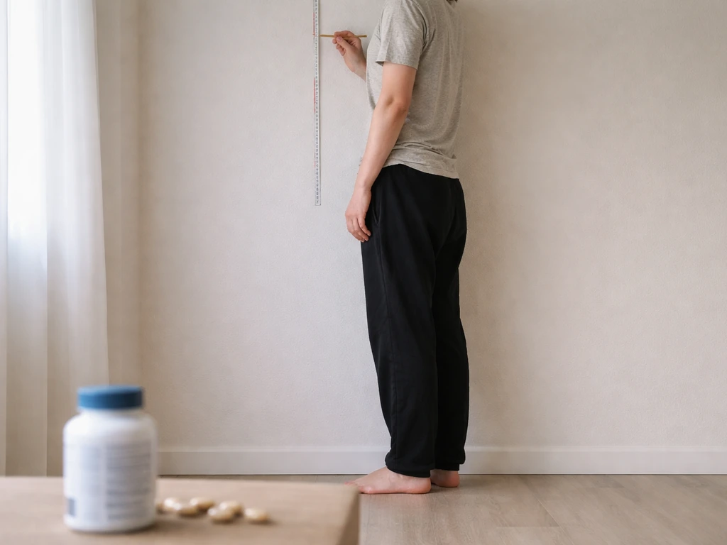 Person measuring height near a wall with a magnesium supplement bottle on the floor nearby.
