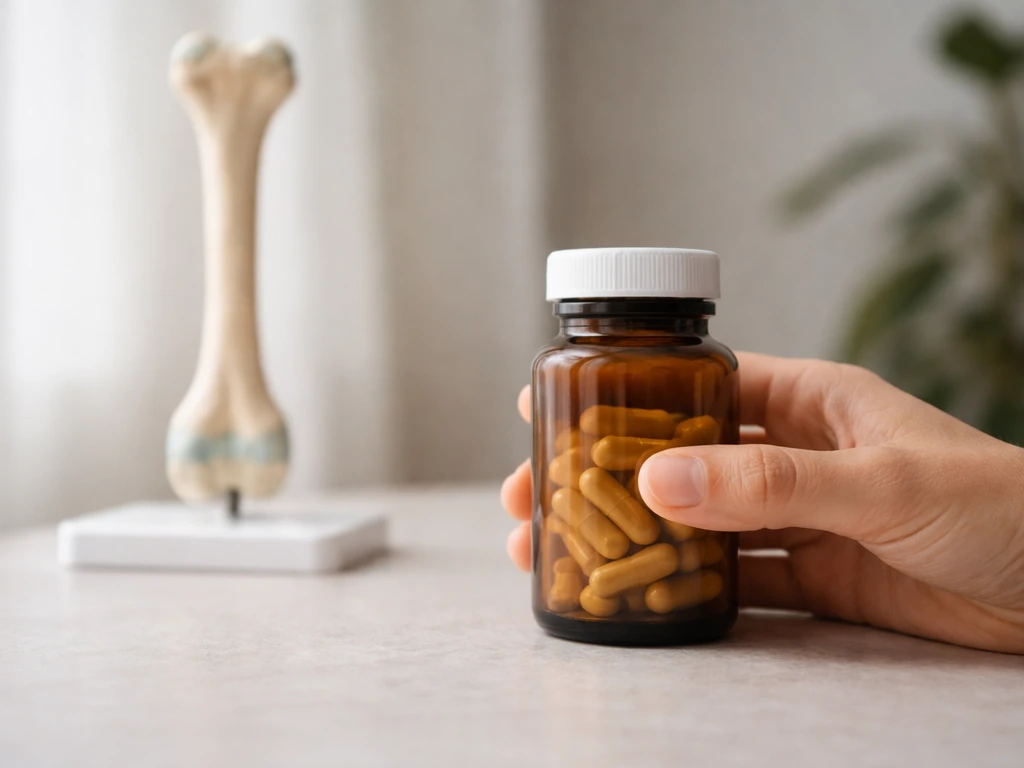 Close-up of a hand holding a small magnesium supplement bottle beside a soft-focus long-bone model