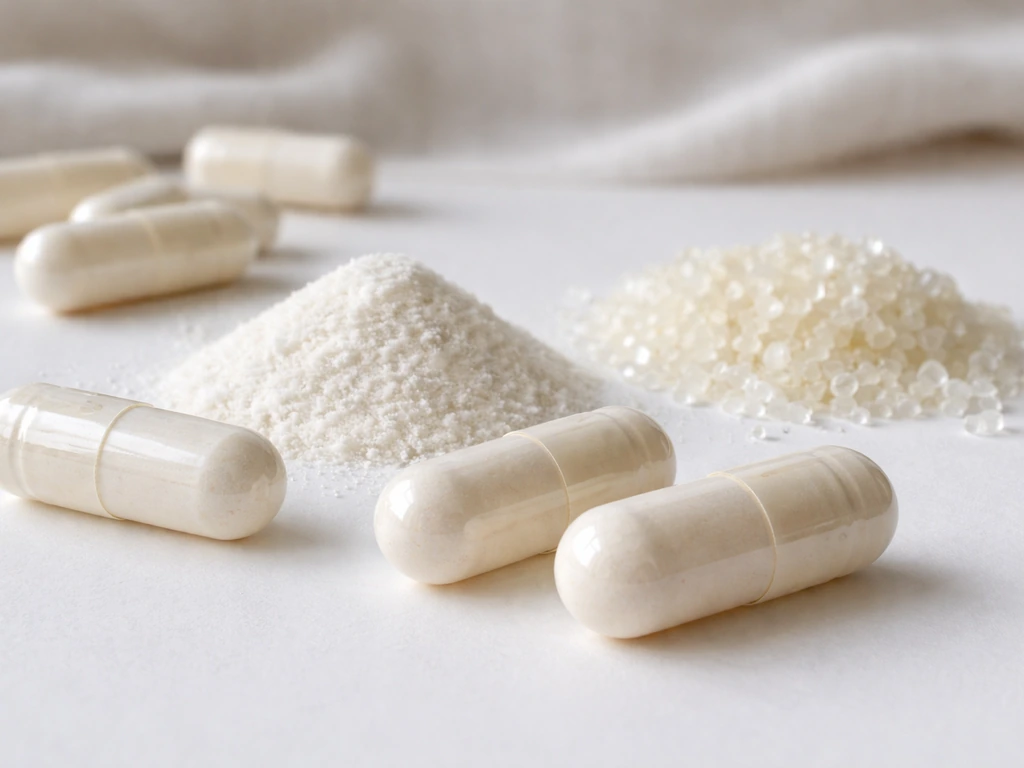 Close-up of magnesium glycinate capsules and powder beside glycine-like supplement ingredients on a clean surface